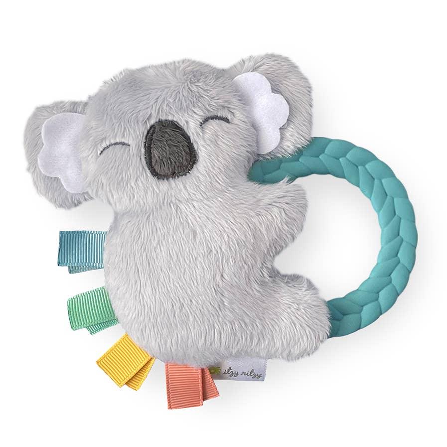 koala plush toy attached to teal teething ring
