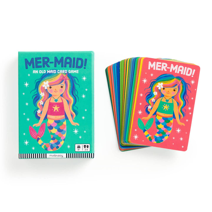Mermaid-themed card game with colorful packaging on a white background