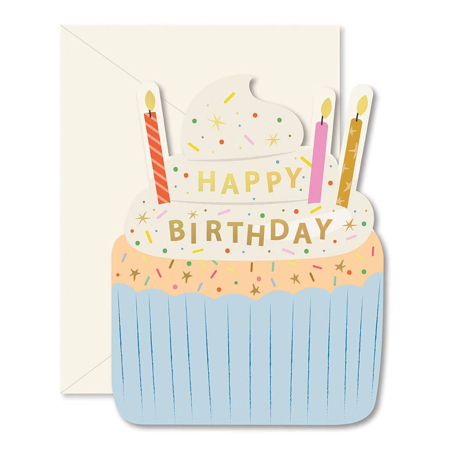 birthday card shaped like a cupcake with candles coming out of it. 