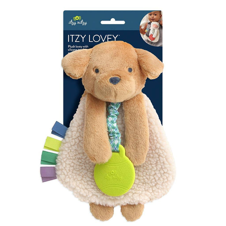 plush lovey puppy with silicone connected to the puppy. 