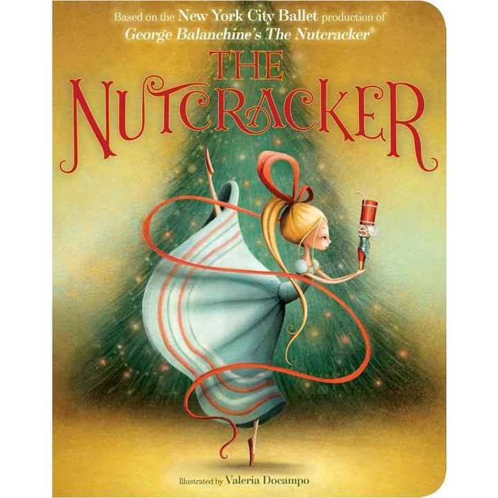 Book cover of 'The Nutcracker' with a girl in a blue dress and a toy soldier, inspired by George Balanchine's ballet.