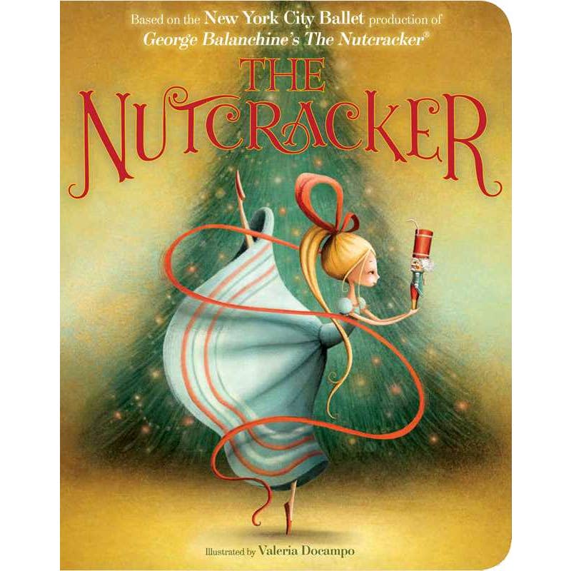 Book cover of 'The Nutcracker' with a girl in a blue dress and a toy soldier, inspired by George Balanchine's ballet.