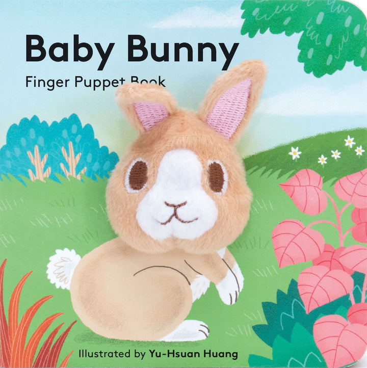 Finger puppet book cover with a bunny on a colorful background