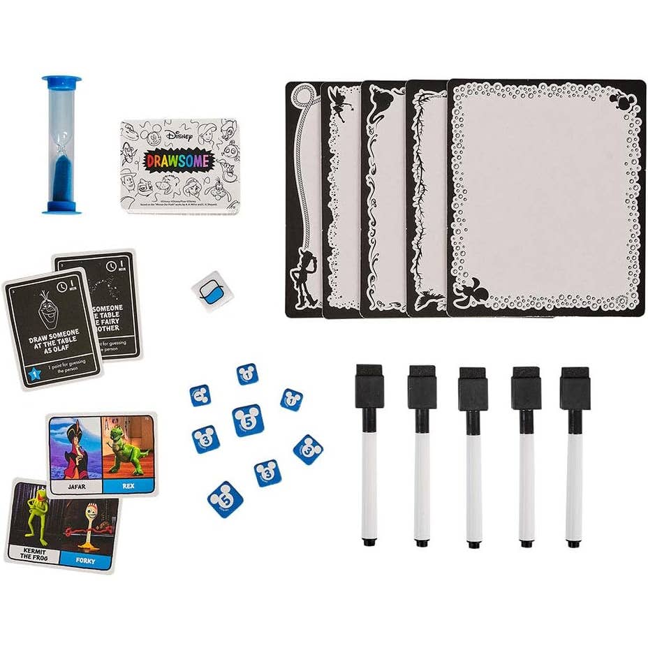 Assorted game components including cards, markers, and a timer on a white background