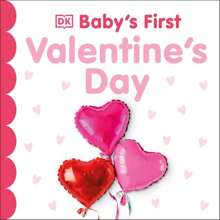 Book cover of 'Baby's First Valentine's Day' with heart-shaped balloons on a pink background.