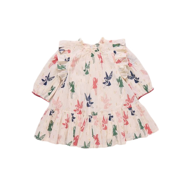 Children's dress with colorful fairy pattern on a gray background