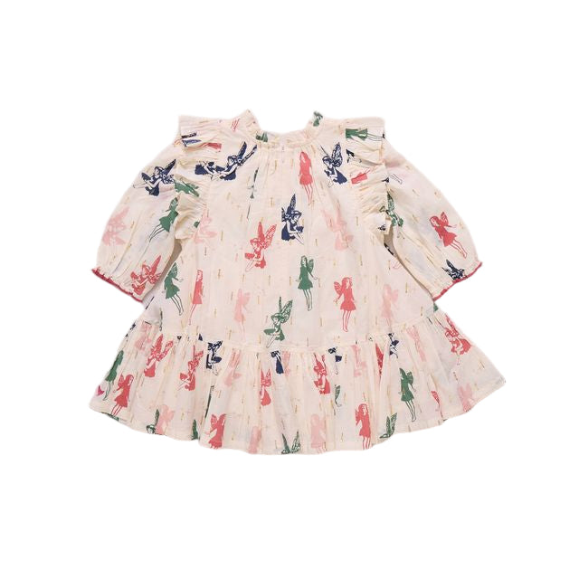 Children's dress with colorful fairy pattern on a light gray background