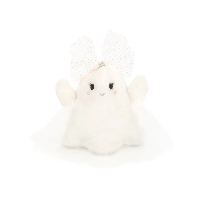A white plush ghost toy with soft fluffy fabric, tulle skirt, a smiling face, and a sparkly white bow on a plain white background.