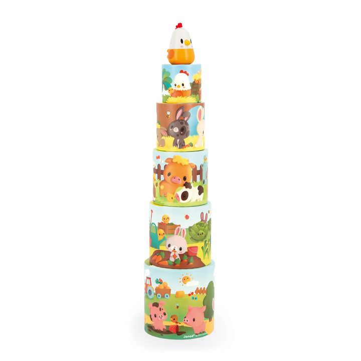 Stack of colorful animal-themed toy blocks on a white background