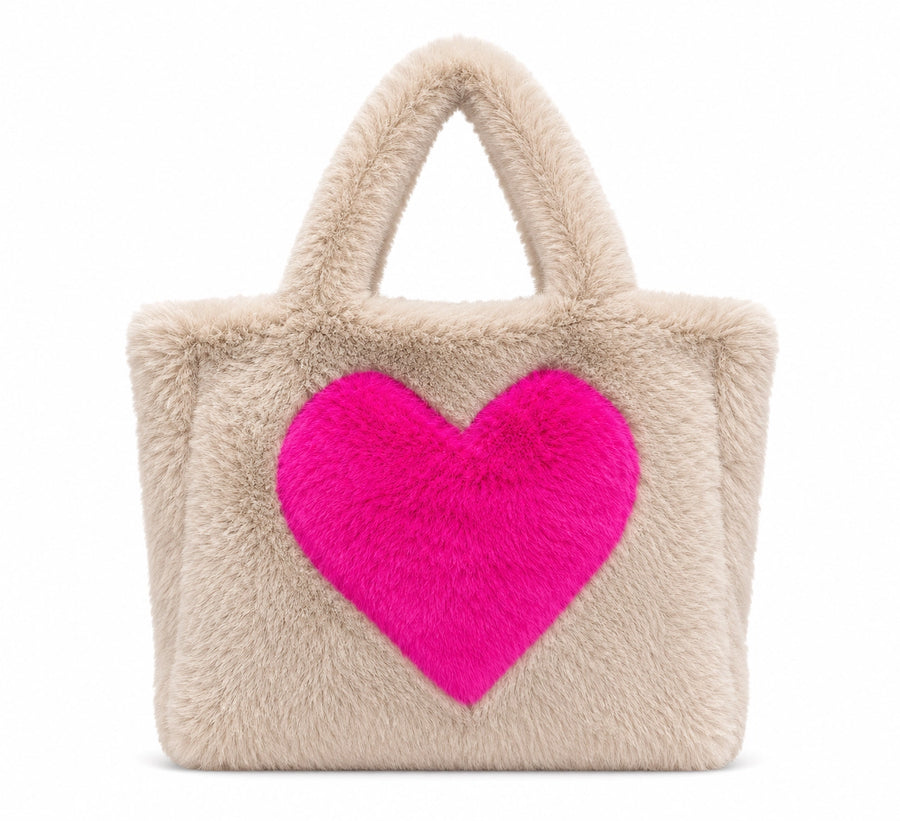 furry shouder bag with big pink heart on the bag. 