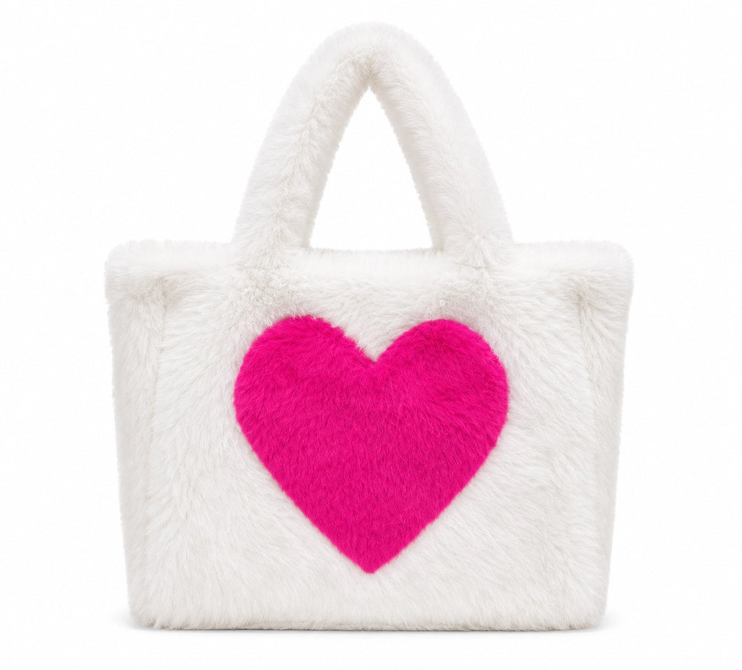 Handbag | Faux Fur Fuzzy Heart Purse- White | Malibu Sugar