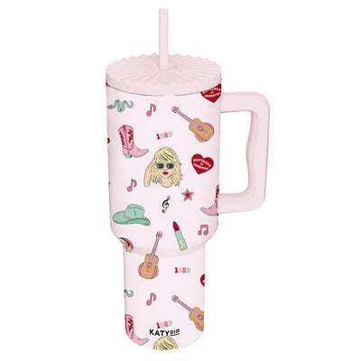 light pink tumbler with Taylor Swift theme print: Taylor, a red lipstick, cowboy hat and '1989'