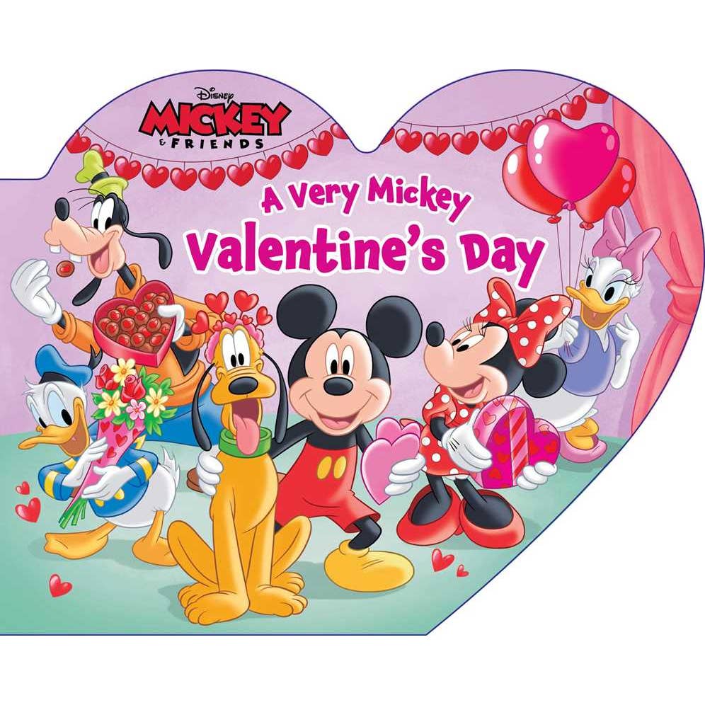 Cover of 'A Very Mickey Valentine's Day' book with Mickey Mouse and friends on a heart-shaped background.