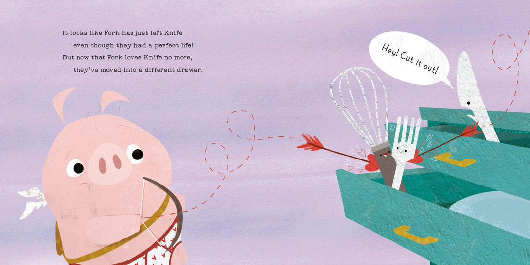 Illustrated book page with a cartoon pig character and a cat character with a fork, on a purple background.