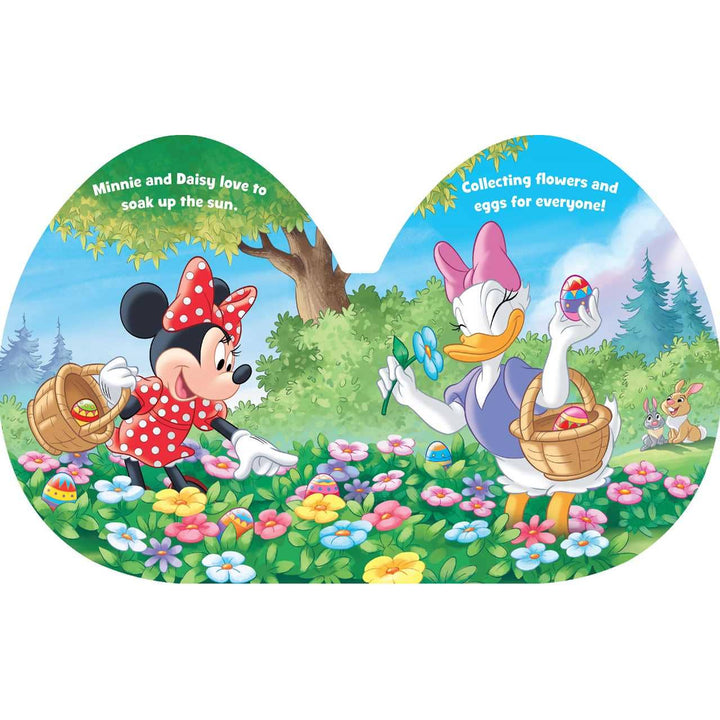 Two animated characters, Minnie and Daisy, in a garden with flowers and baskets.