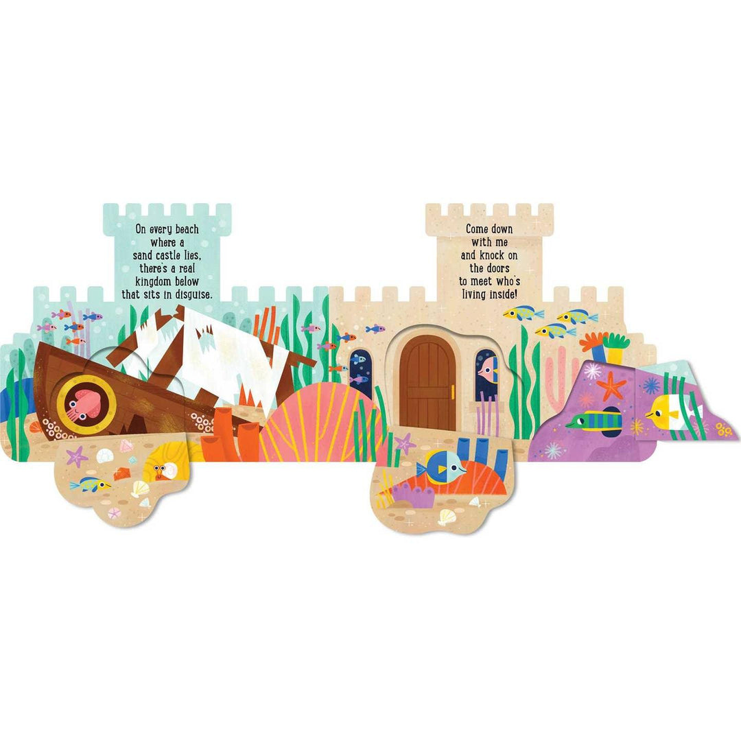 the inside pages of the sandcastle book, these pages are showing the lift the flap feature. 