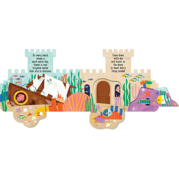 the inside pages of the sandcastle book, these pages are showing the lift the flap feature. 