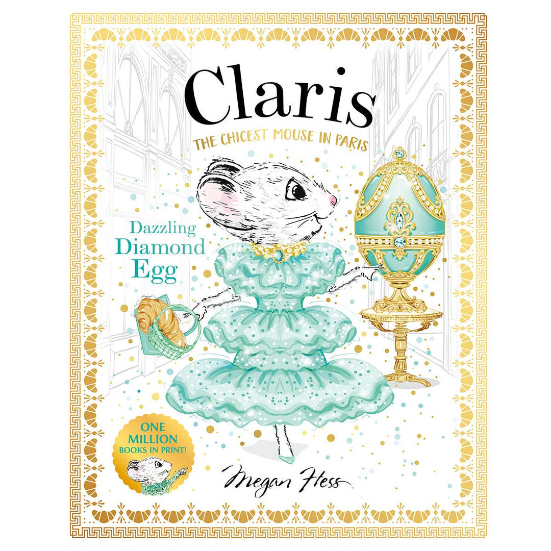 Book cover of 'Dazzling Diamond Egg' featuring a mouse in a green dress with decorative elements.