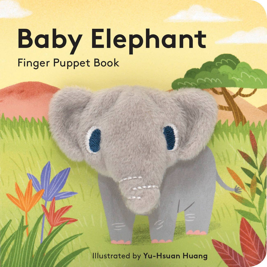 Book cover of 'Baby Elephant' finger puppet book with an elephant illustration and colorful background.