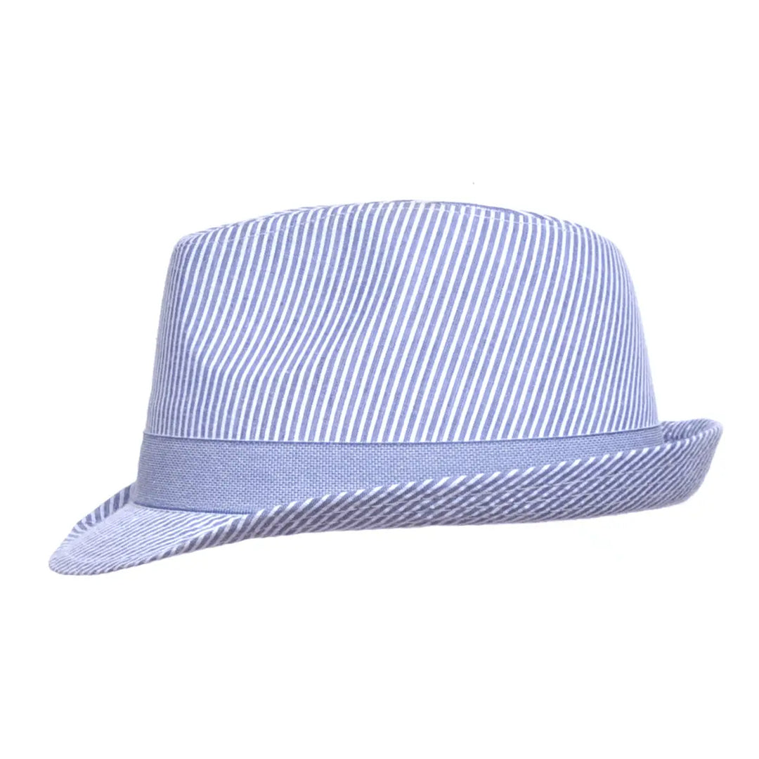 Blue and white striped fedora hat on a white background