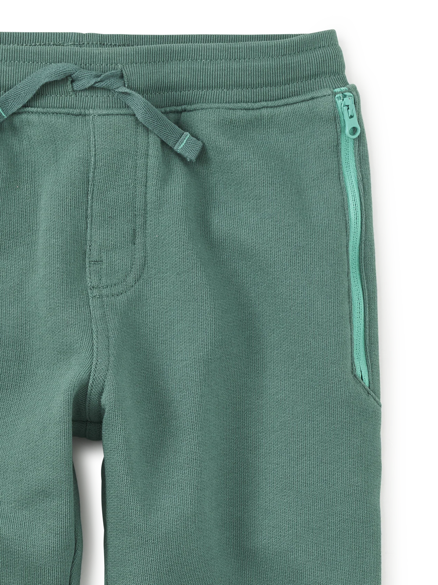 Close-up of a pair of sage green sweatpants featuring an elastic waistband with a matching drawstring and a distinctive mint green vertical zipper on the side.