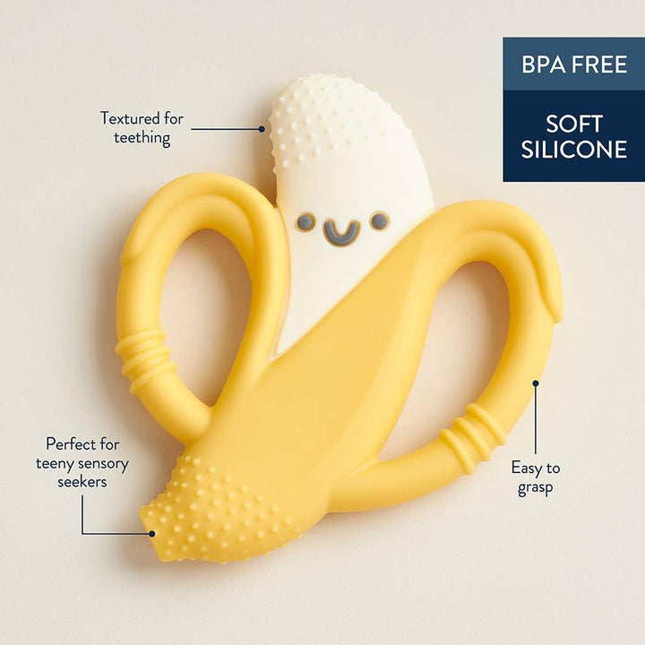 banana chew toy with handles on the side of the teether. the photo shows the different places for texture. 