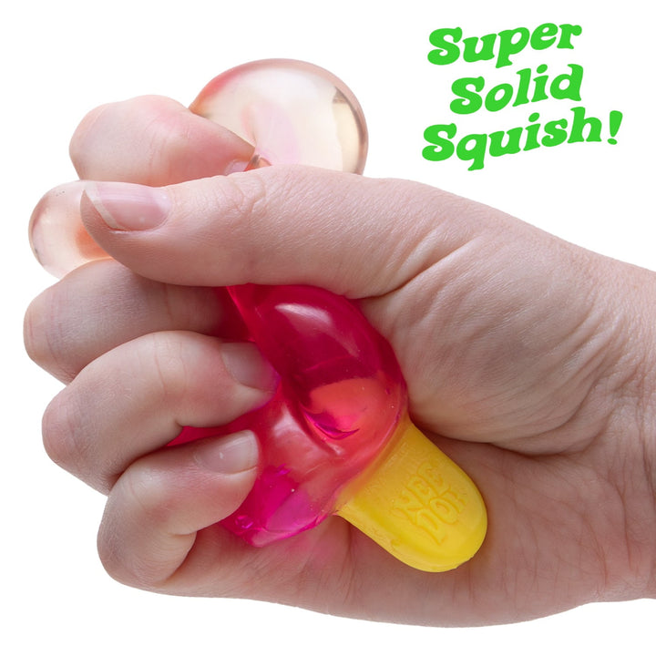 Hand squeezing a colorful stress ball with text 'Super Solid Squish!' above.