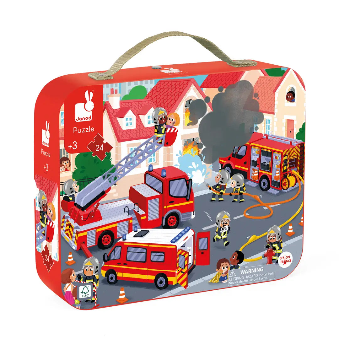 Children's puzzle box with fire truck and firefighter design on a white background