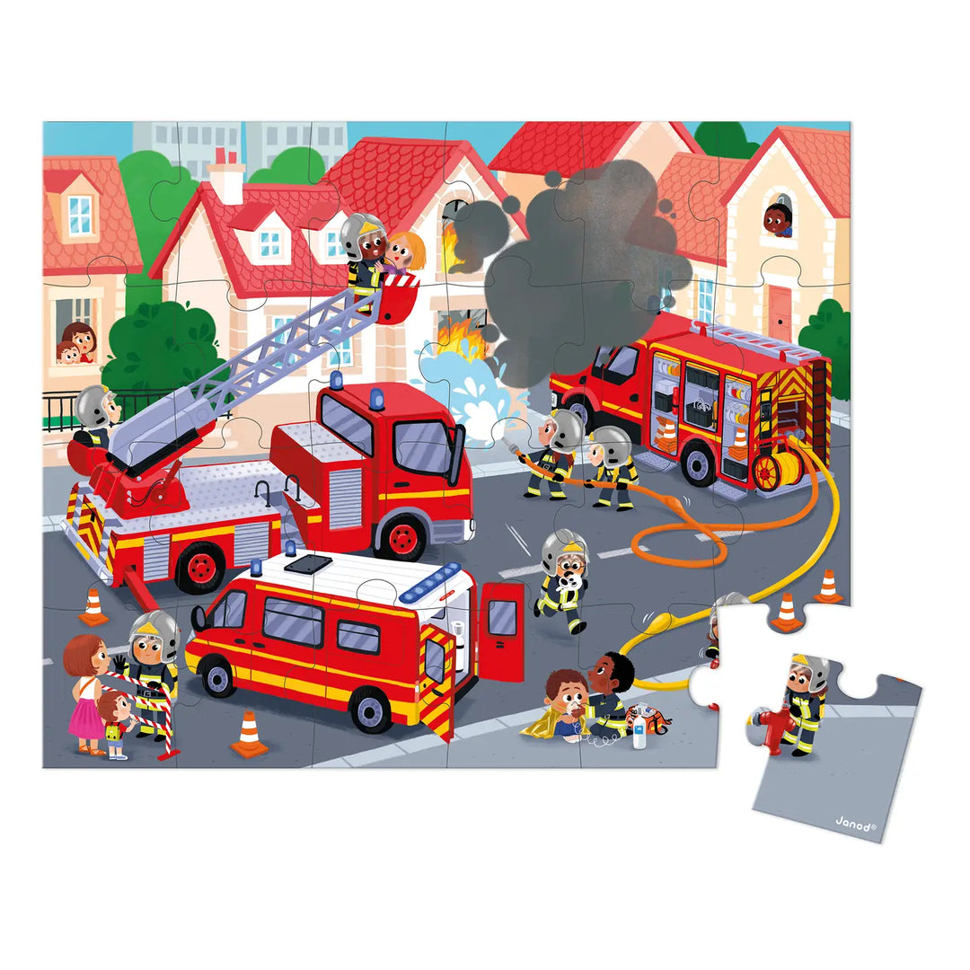 Children's puzzle with fire trucks and firefighters in an urban setting
