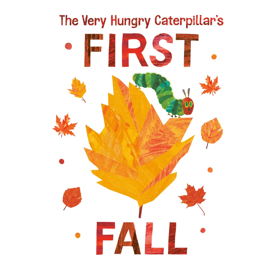 The Very Hungry Caterpillar's First Fall book cover featuring a large yellow-orange maple leaf, a green caterpillar, and autumn leaves on a white background.