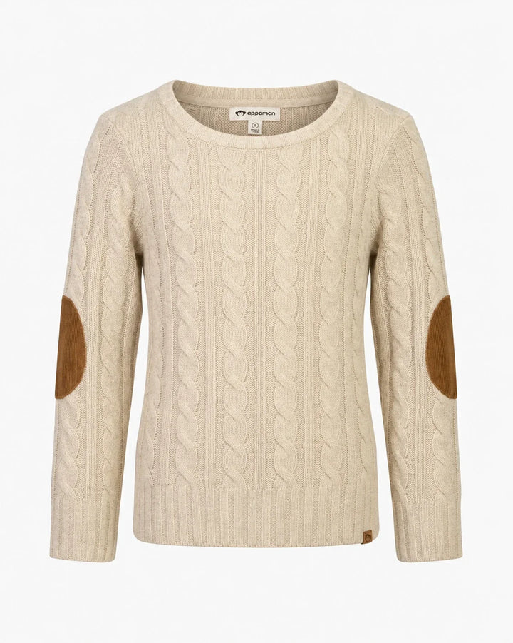 A cream-colored cable-knit sweater with brown suede elbow patches, shown against a plain white background.