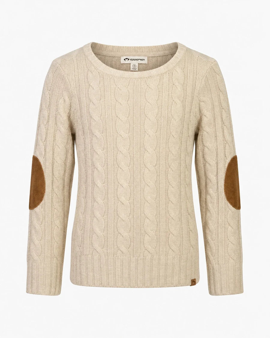 A cream-colored cable-knit sweater with brown suede elbow patches, shown against a plain white background.