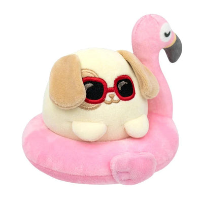 small squishy plush sitting in flamingo pool float, both can be detached. 