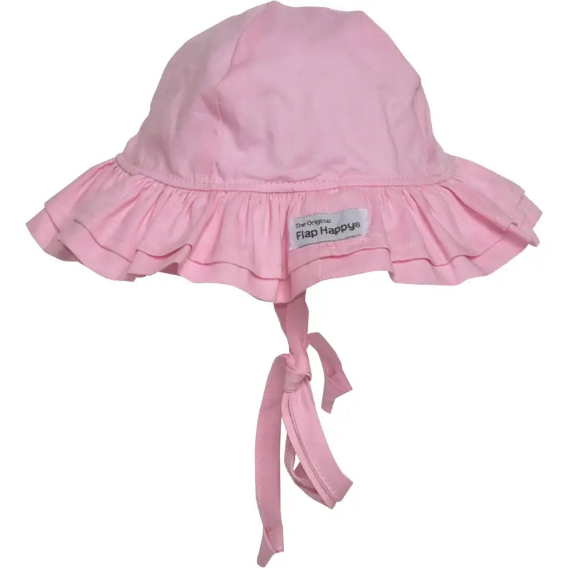 Pink sun hat with ruffled brim and tied straps on a white background