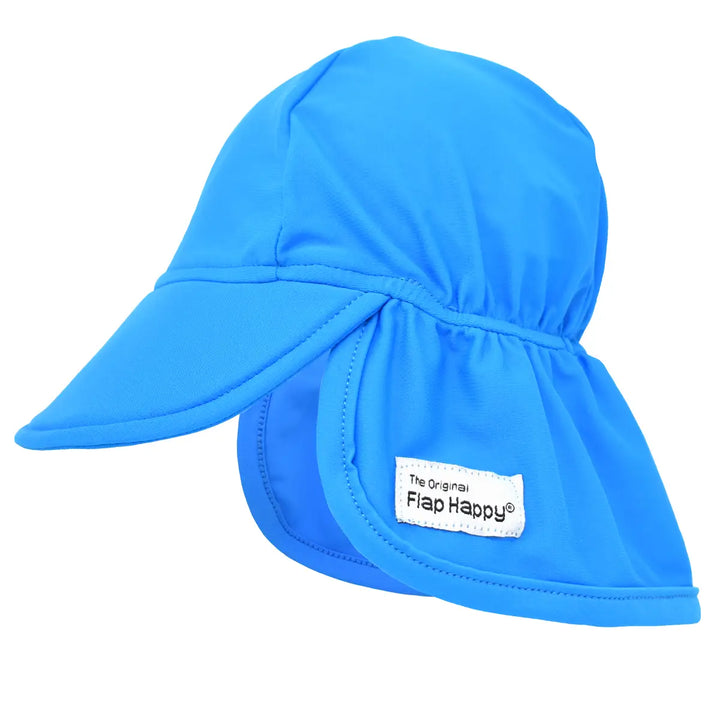 Blue sun hat with a flap on a white background, featuring the Flap Happy brand.