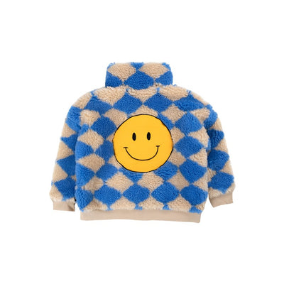 Blue and cream harlequin sherpa, zipper closure, high neck and a smiley face on the back. 