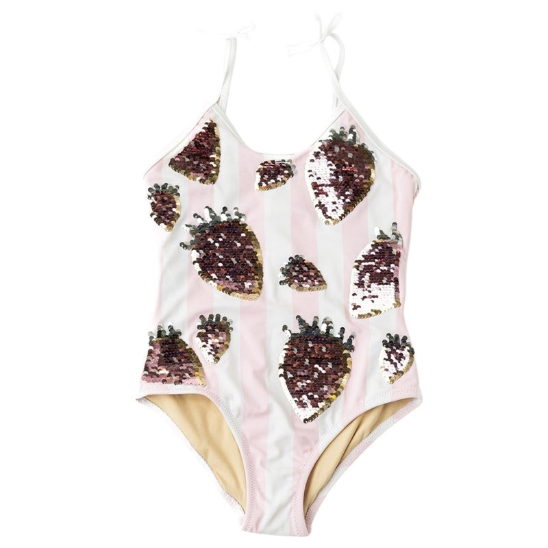 One-piece swimsuit with strawberry pattern on a white background