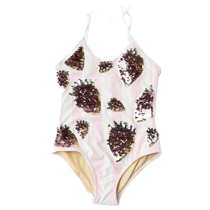 One-piece swimsuit with strawberry pattern on a white background