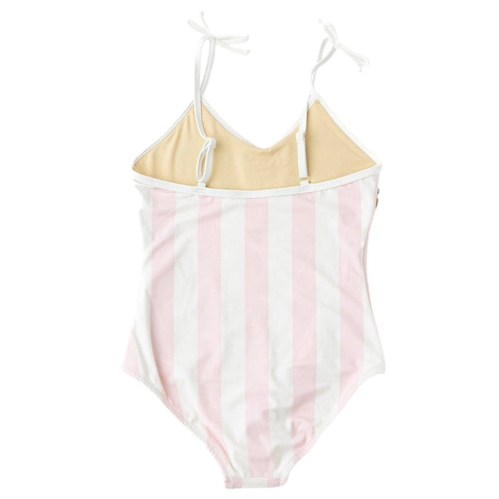 back of One-piece swimsuit with pink and white striped design and beige top on a white background