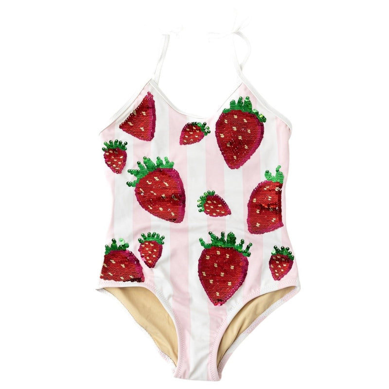 One-piece swimsuit with strawberry pattern on a white background