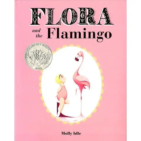 Book cover of 'Flora and the Flamingo' with a pink background and illustration of a woman and flamingo.