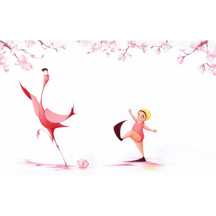 Cartoon flamingo and child with cherry blossoms on a white background