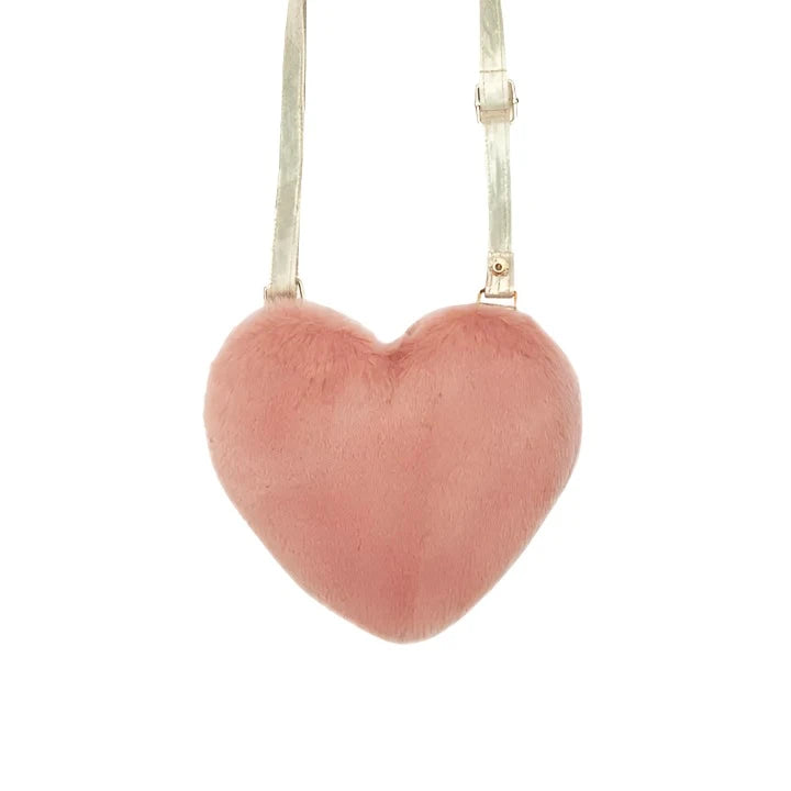 pink fluffy heart crossbody bag, gold adjustable crossbody strap