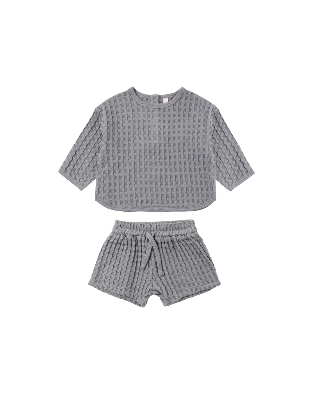 Gray waffle-textured shirt and shorts set on a white background