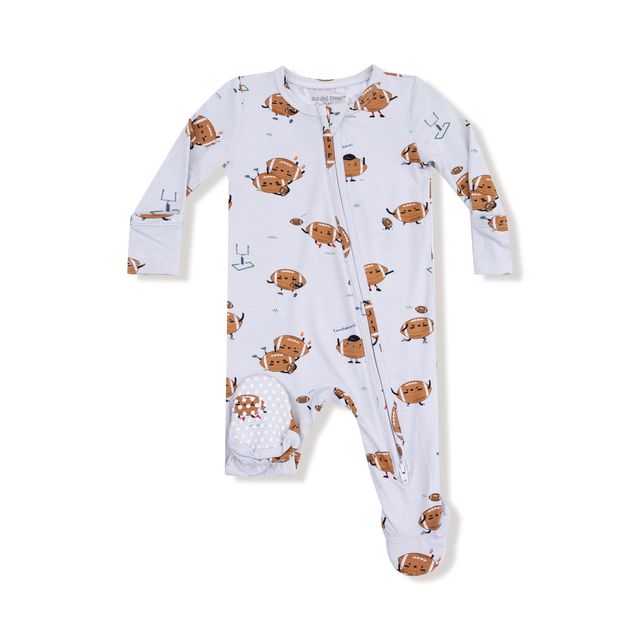 Baby onesie with footballs playing football print on a footed onesie