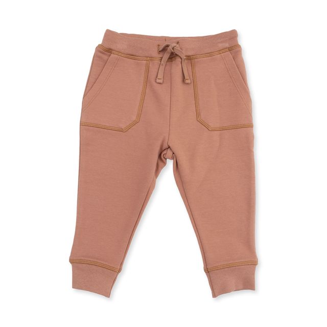 brown pants with elastic waist, french terry inside. 