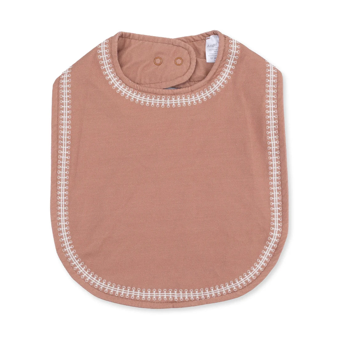 A brown baby bib with white embroidered borders, shown flat against a white background.