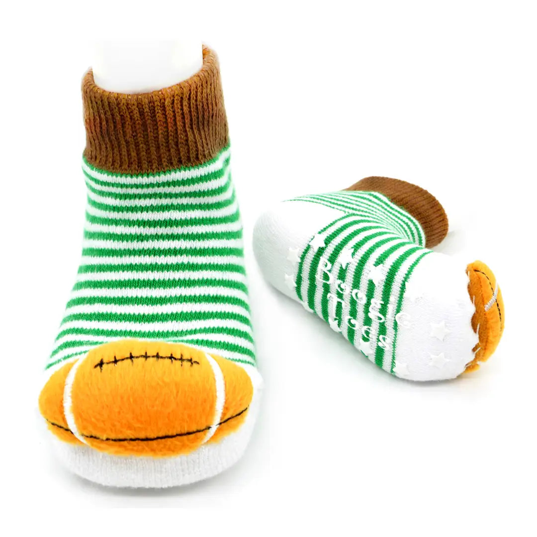 baby boy socks, green and white striped with stuffed footballs on the toes