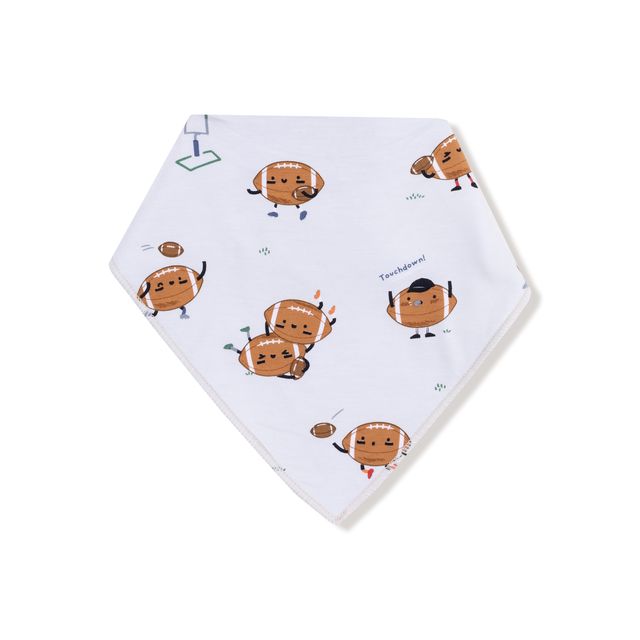 Hexagonal bandana bib with cartoon footballs playing football design on a white background