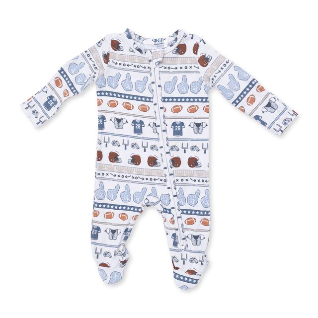 baby footie with stripes with football theming. 